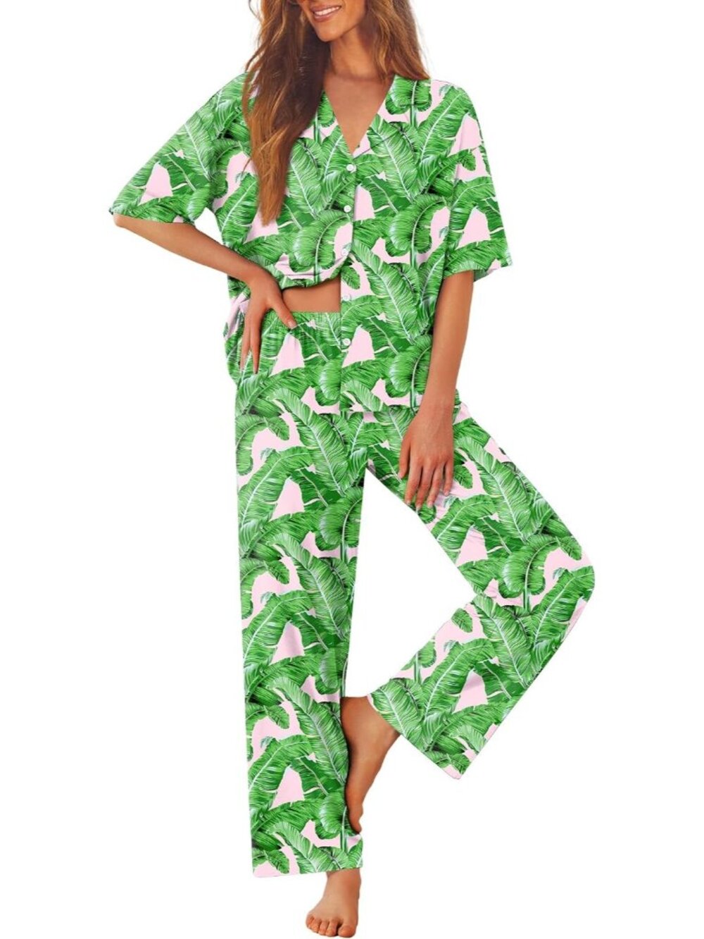 Women Green Leave Notch Lapel Short Sleeve Shirt Sleepwear with Long Pajamas Set